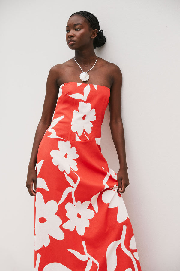 Red Sweet Caroline White Floral Strapless Maxi Wynona Dress