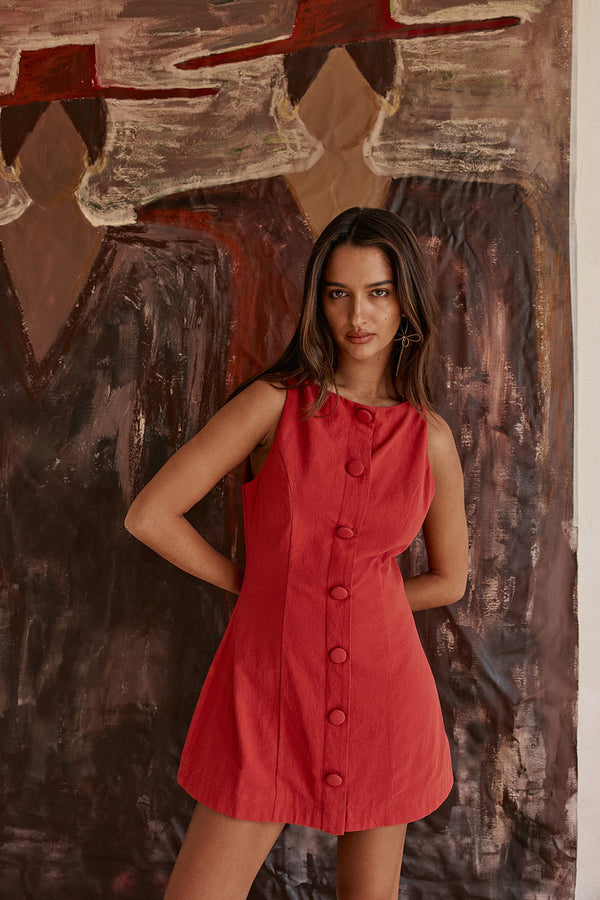 Cherry Red Button A Line Mini Graylee Dress
