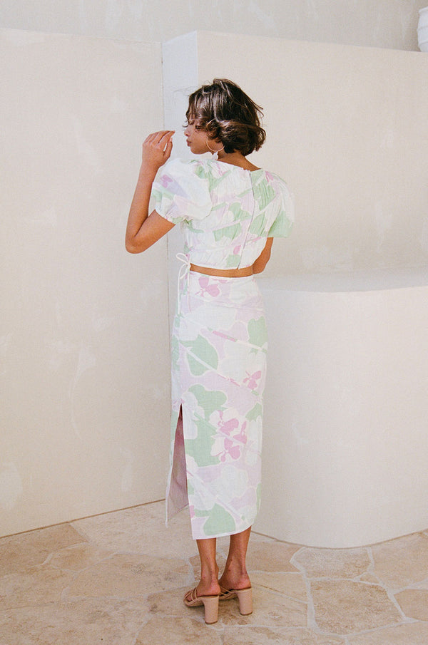 Elika Midi Split Skirt - Misty Floral Pink Purple Green
