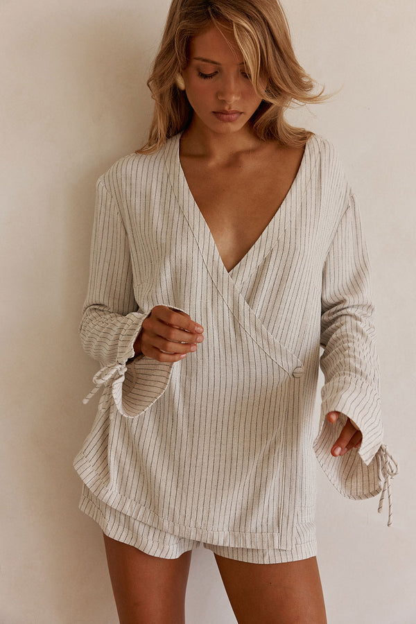 Beige and Black Pinstripe Lyla Wrap Top