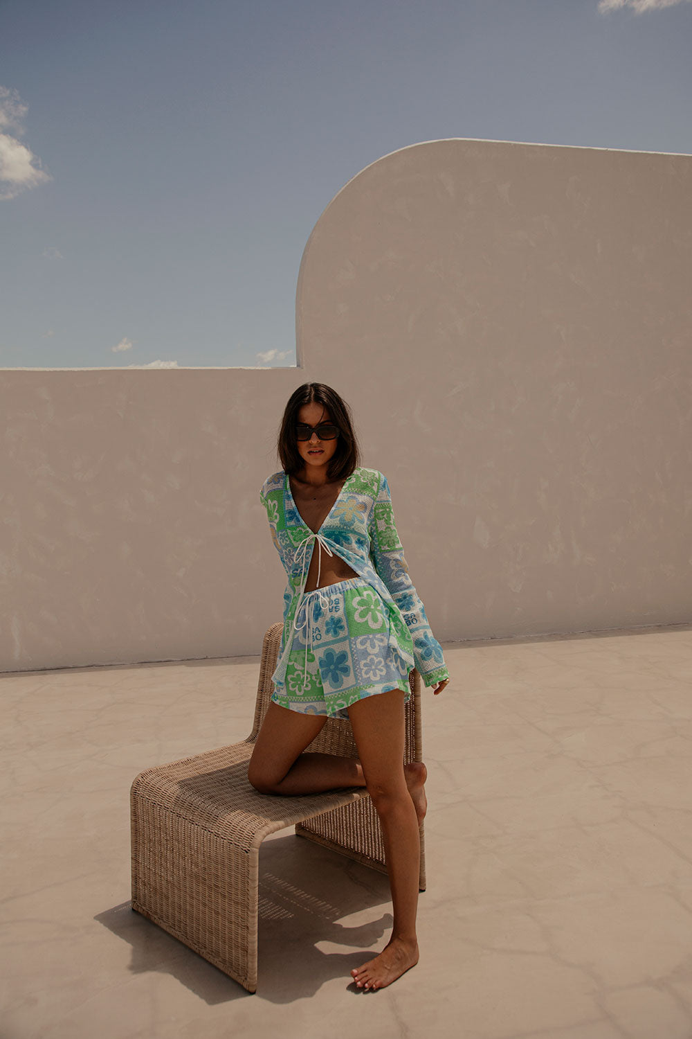 Sari Long Sleeve Tie Up Mesh Top - Verano Floral, Postcard, Blue, Green, White, Yellow