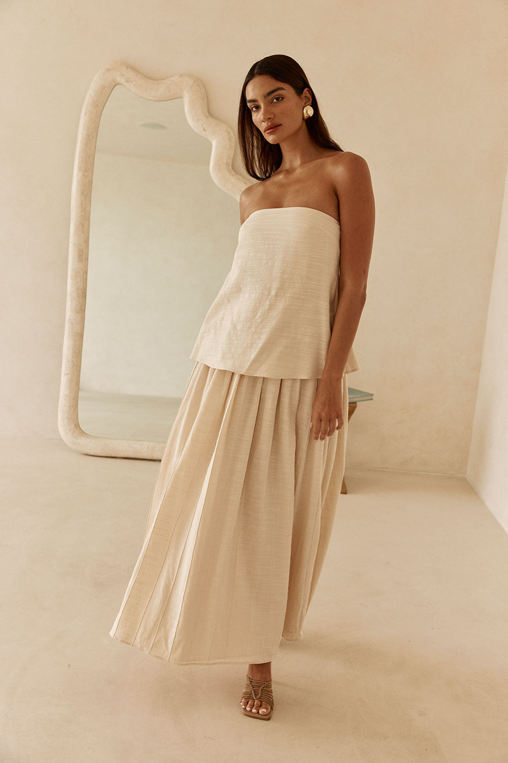 Beige Boxy Pleated Maxi Aviana Dress