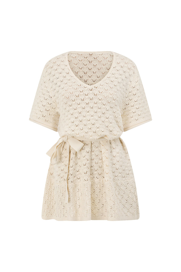 Cream Pointelle Knit Waist Tie Mini Demi Dress
