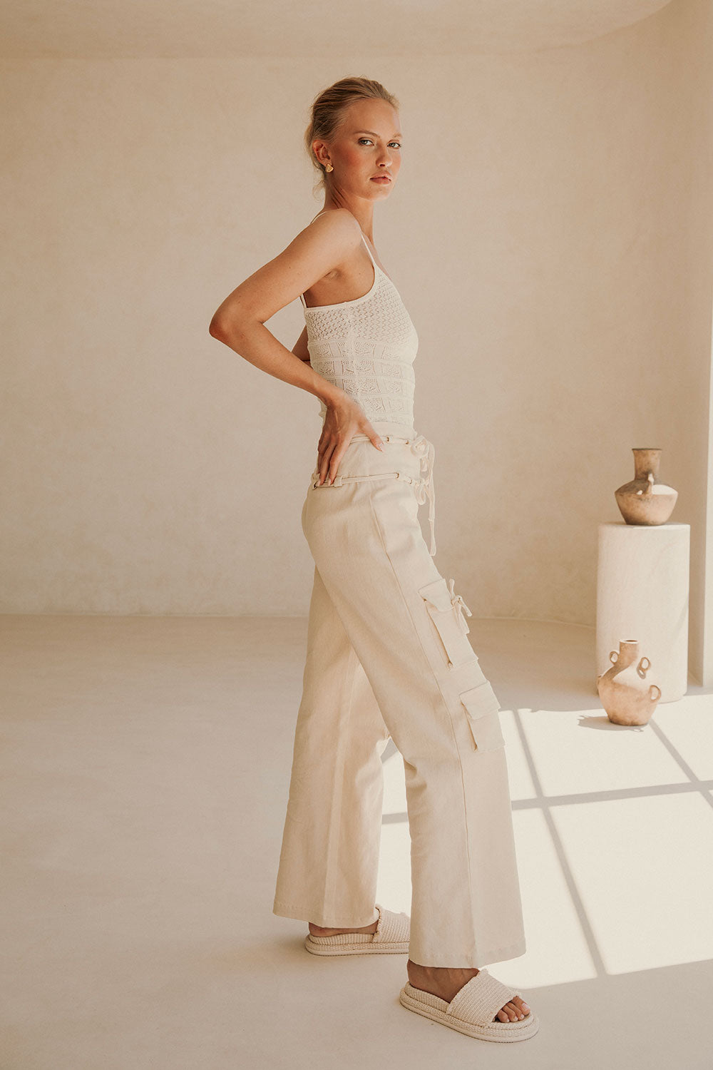 Jaicee High Waisted Tie Pants - Cream