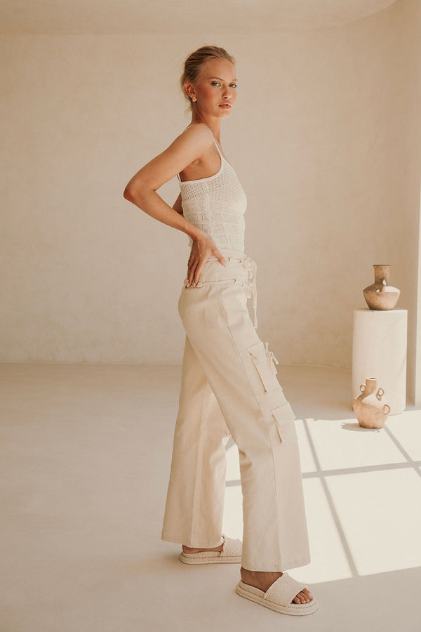 Jaicee High Waisted Tie Pants - Cream
