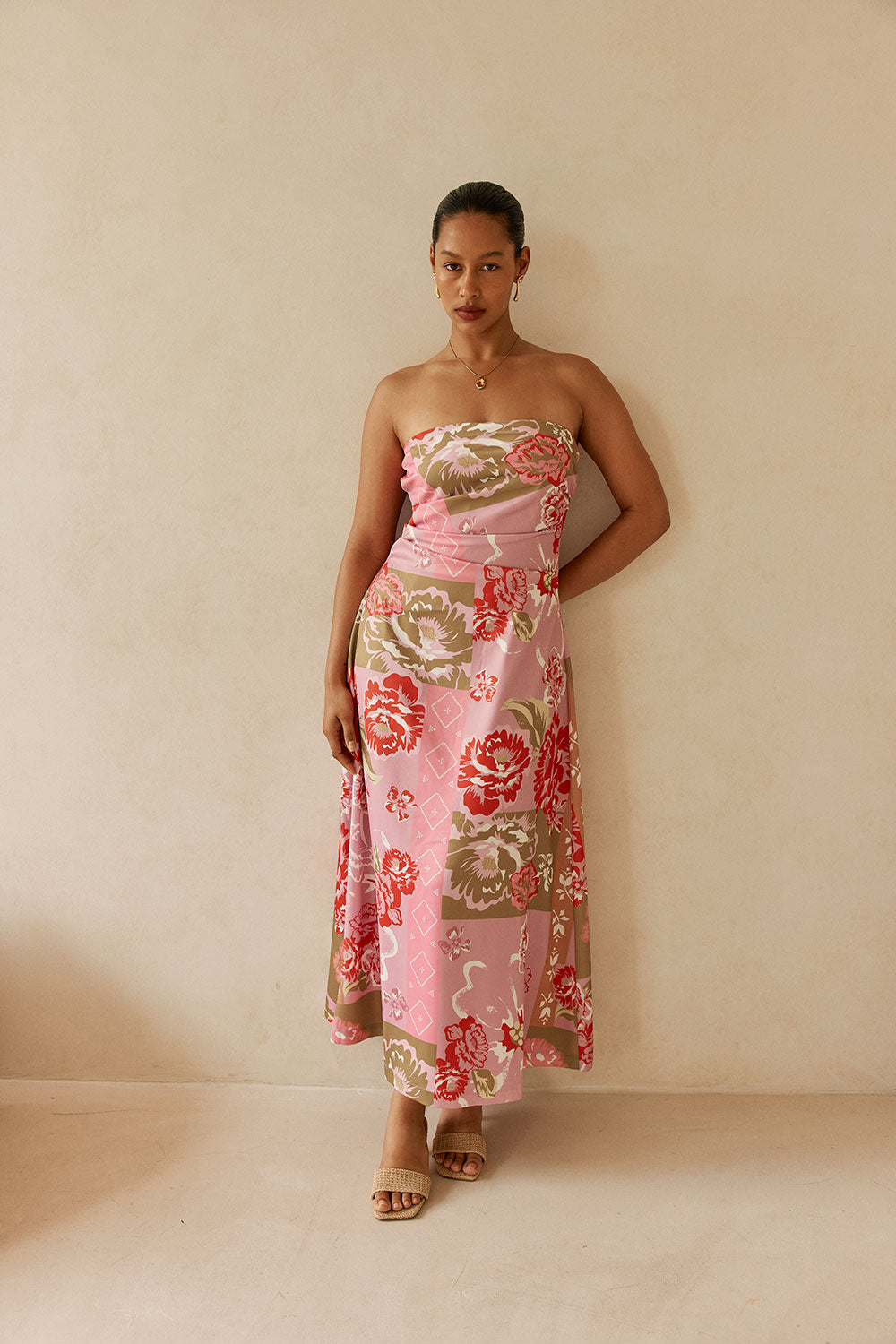 Pink Botanic Patch Floral Strapless Maxi Liberty Dress