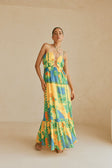 Leigh Cutout Maxi Dress - Green, Blue & Orange Morning Yellow Print