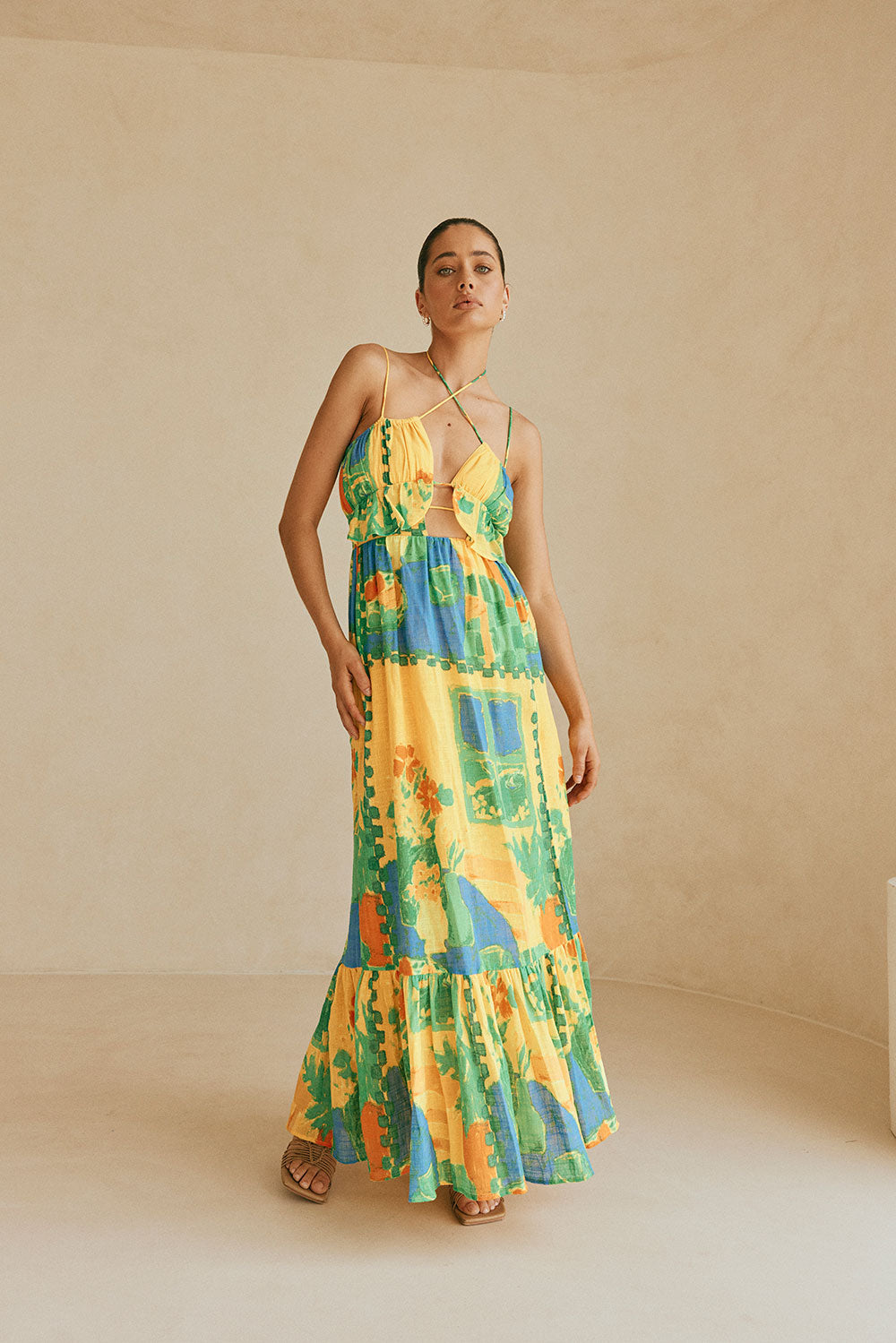 Leigh Cutout Maxi Dress - Green, Blue & Orange Morning Yellow Print