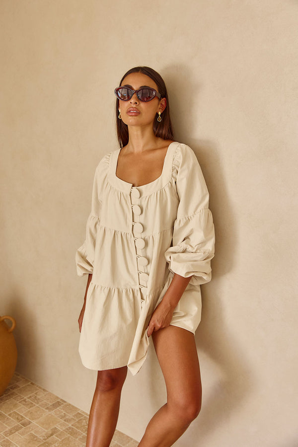 Beige Puff Sleeve Button Midi Palmer Dress