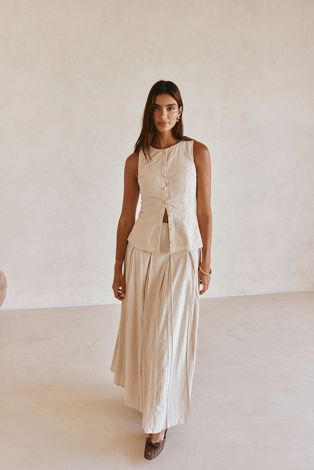 Beige Cotton Round Neck Button Up Panel Adri Top