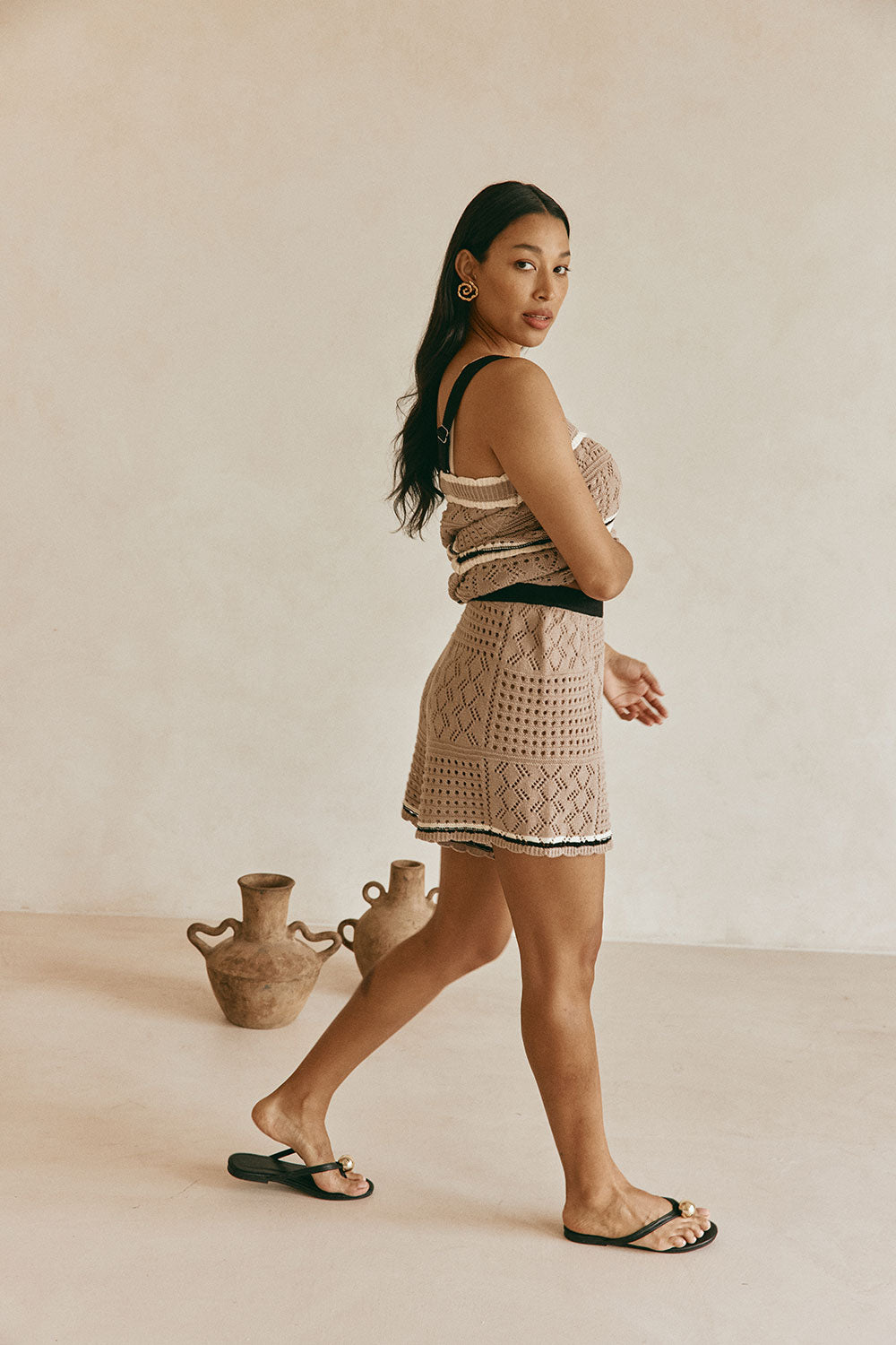 Brown Crochet Knit High Waist Elexa Shorts