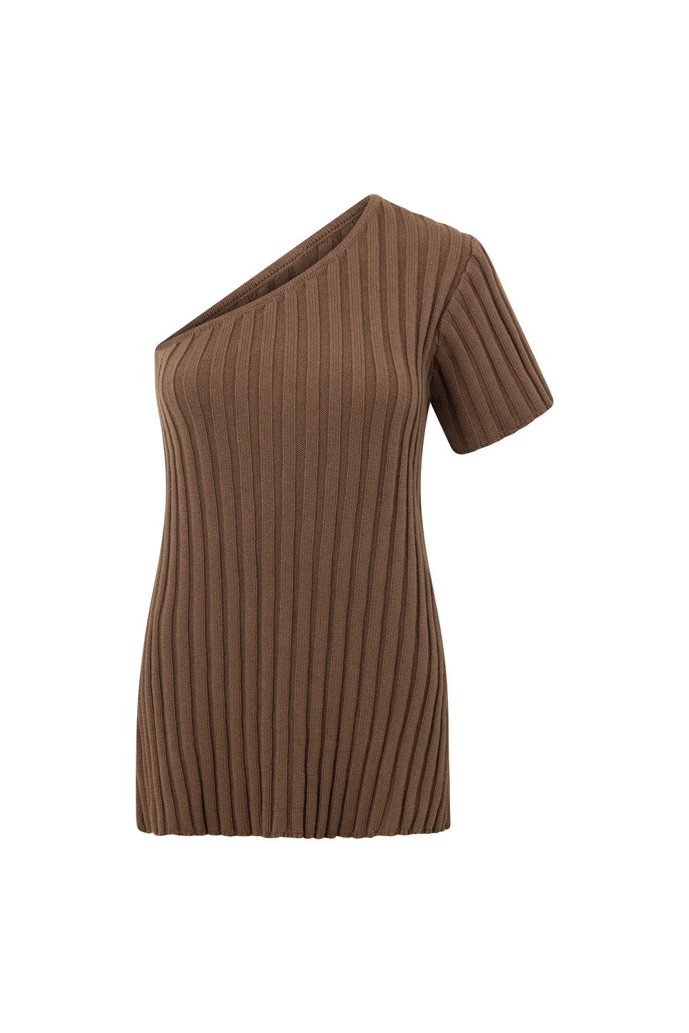 Brown Knit One Shoulder Short Sleeve Neena Top