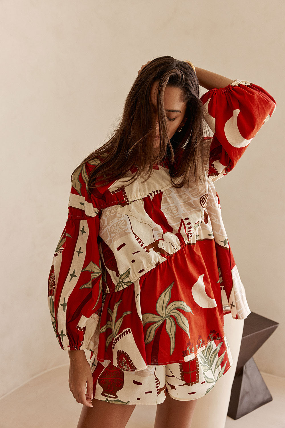 Red Palma Vista Print Long Sleeve Ruched Belinda Top