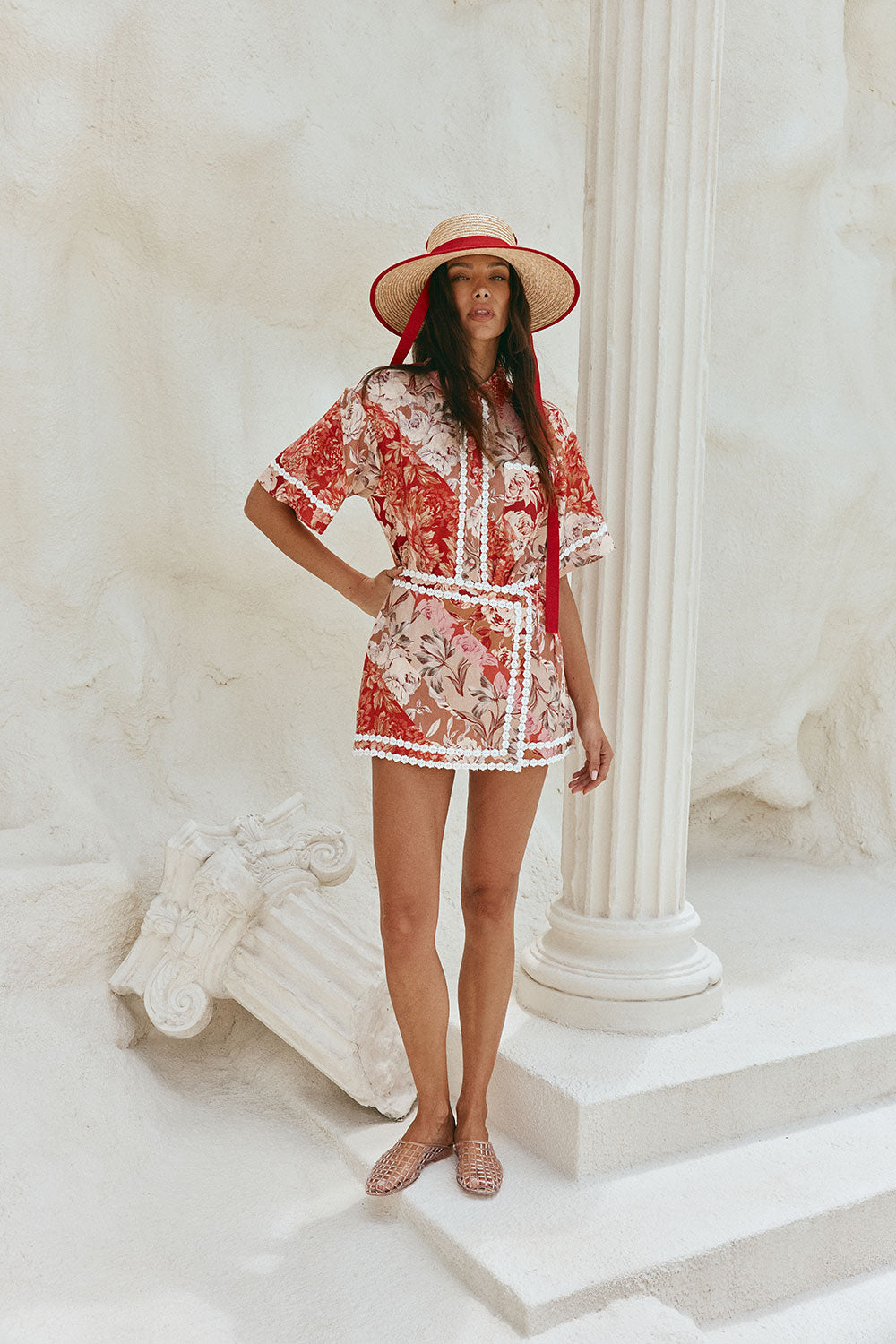 Red Floral Solafleur Print Wrap La Dolce Vita Skirt