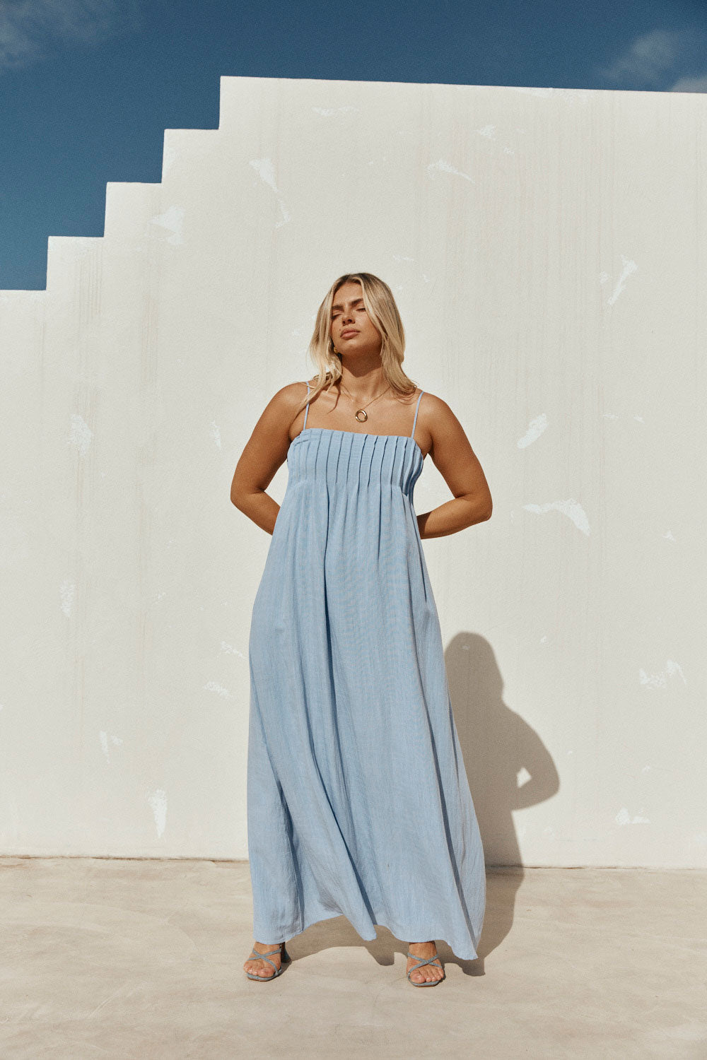 Blue Pin Tuck Pleat Maxi Ada Dress
