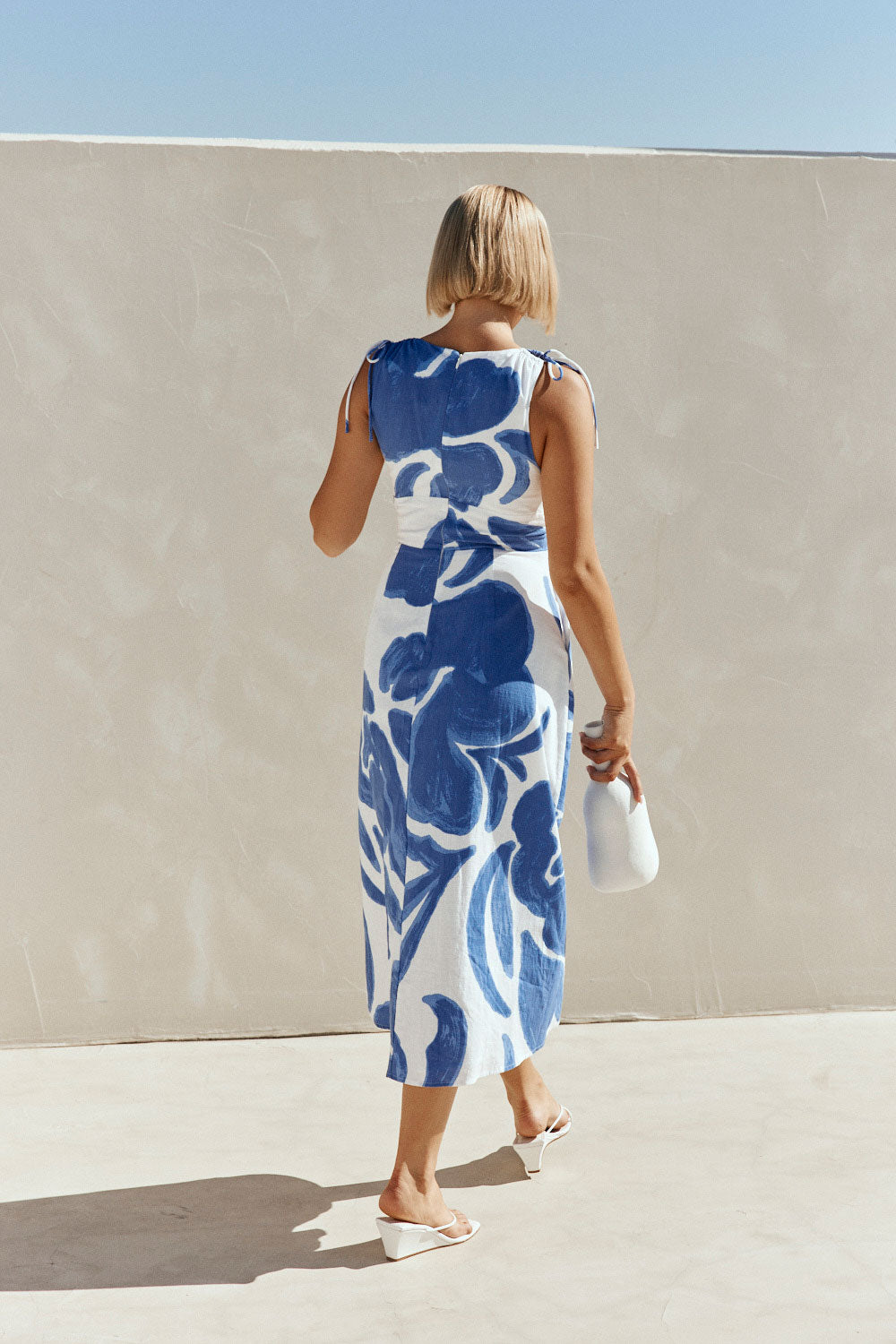 Blue Ada Flora Print V Neck A-Line Midi Mira Dress