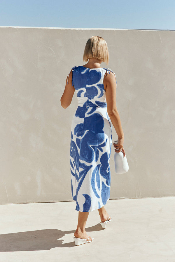 Blue Ada Flora Print V Neck A-Line Midi Mira Dress