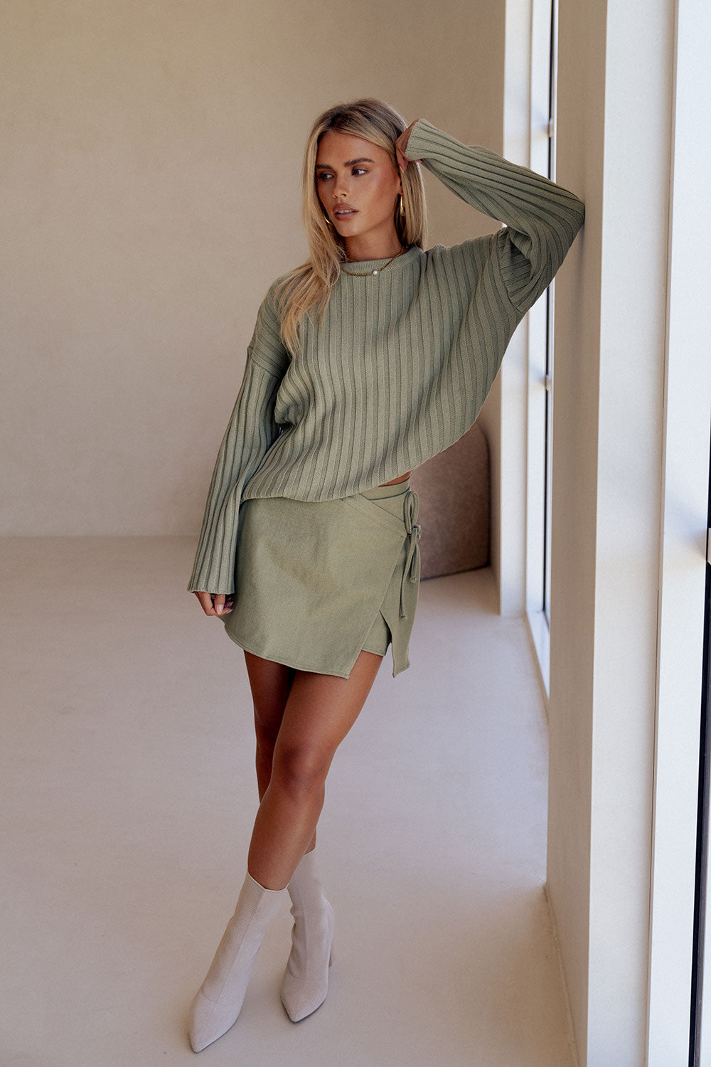 Green Ribbed Knit Sweater Jali Top