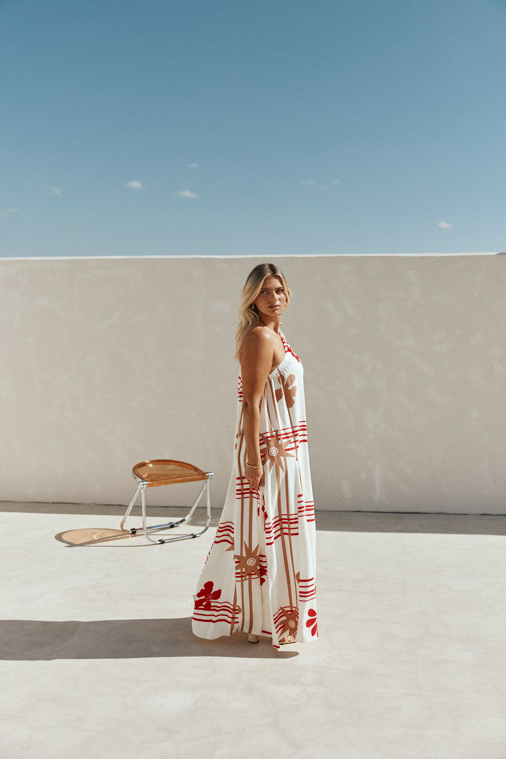 Cream Moana Red Print One Shoulder Maxi Avani Dress