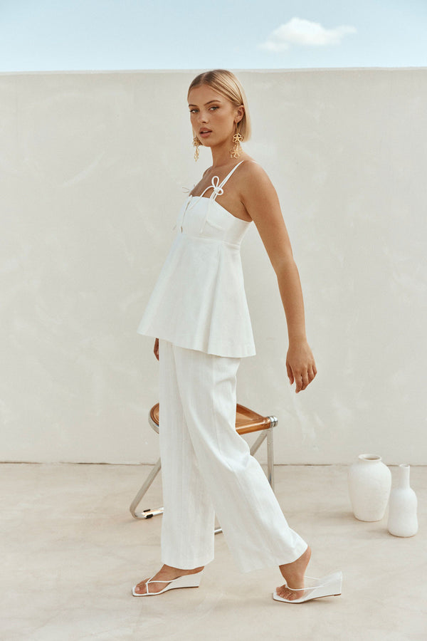 White Cotton Asymmetric Waist Wide Leg Tilda Trouser Pants