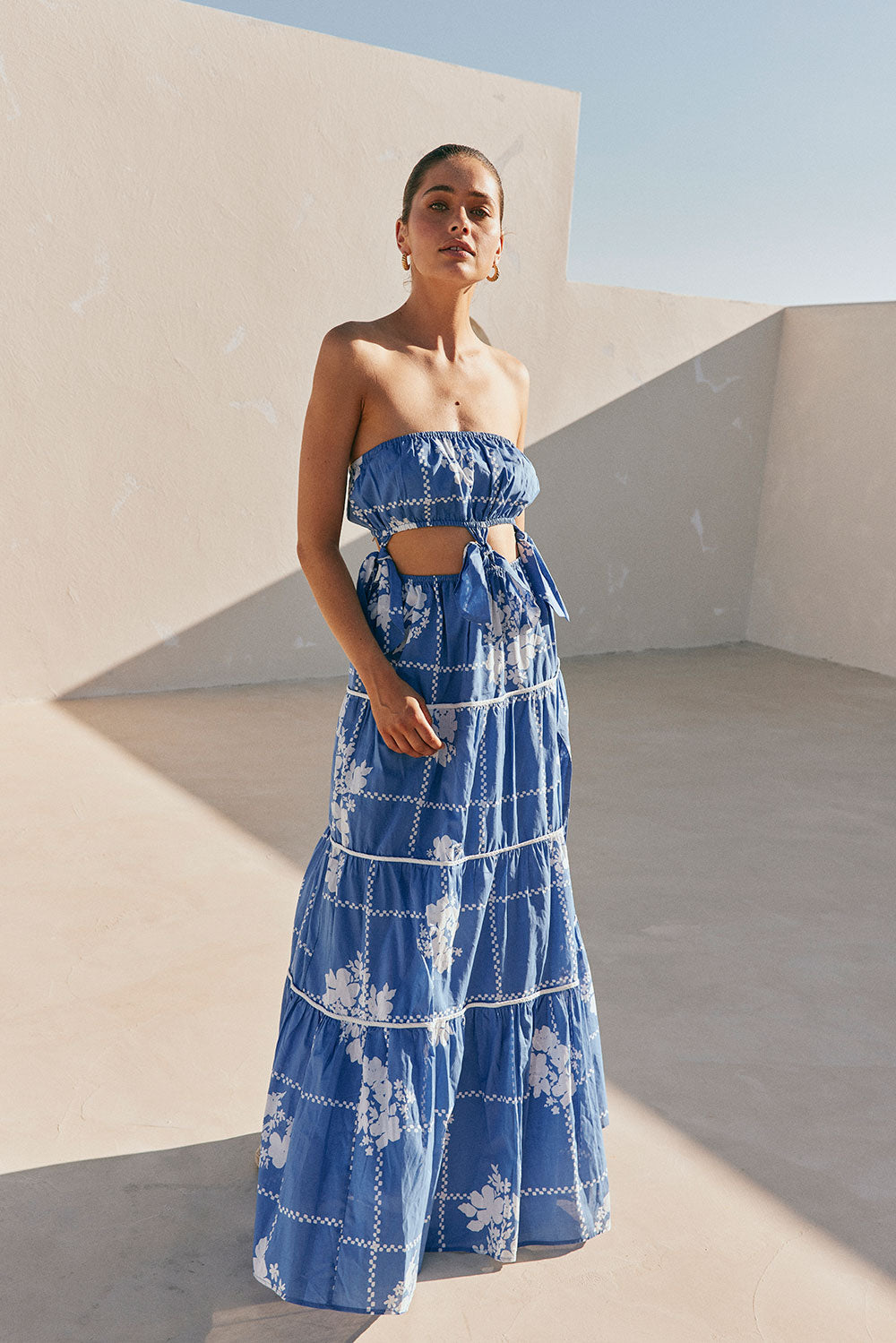 Lili Strapless Cutout Tie Maxi Dress - Postcard, Blue & White Check Flowers