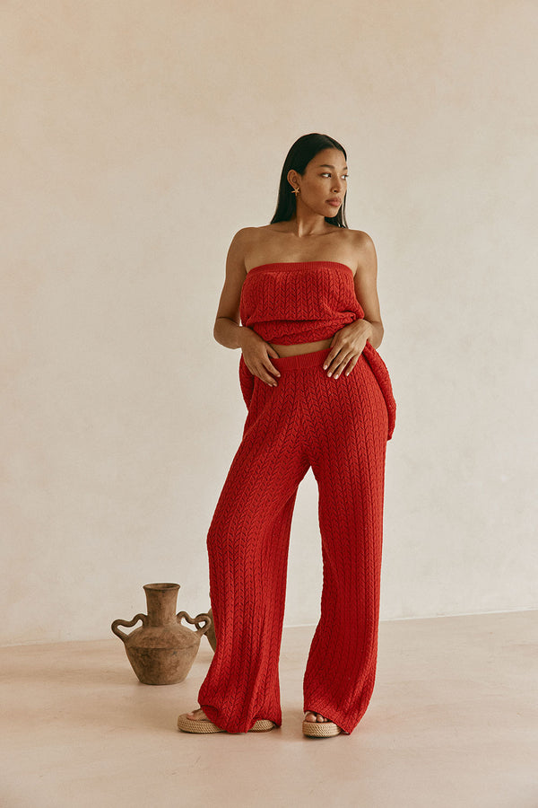 Red Cotton Knit High Waist Athena Pants