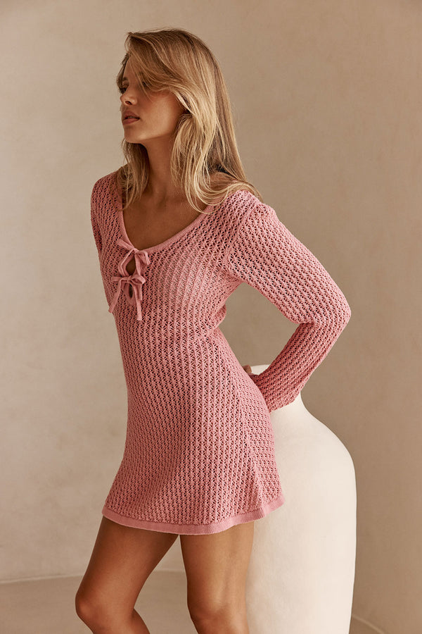 Rose Pink Knit Long Sleeve Mini Nara Dress
