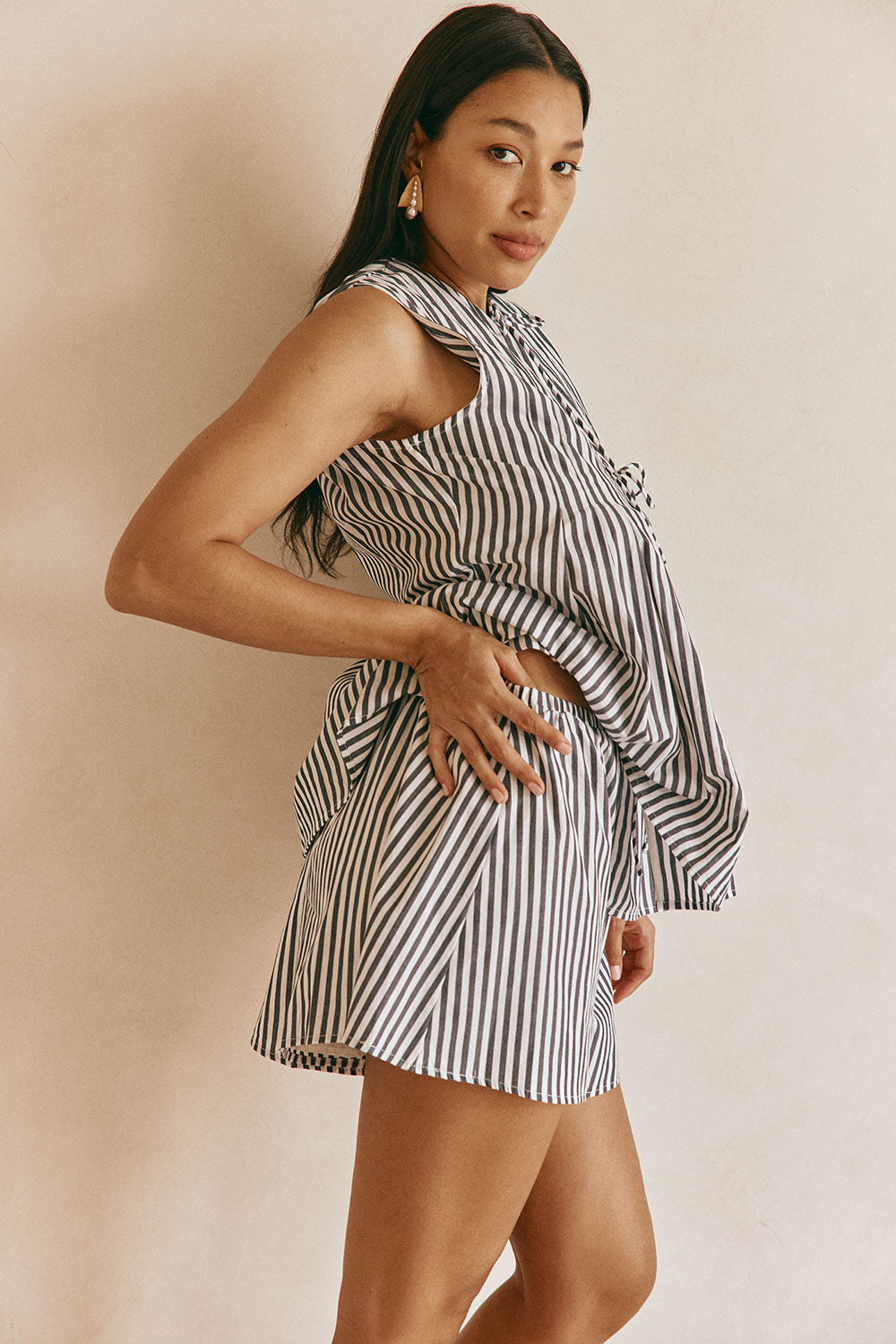 Black and White Stripe Elastic Dalia Shorts