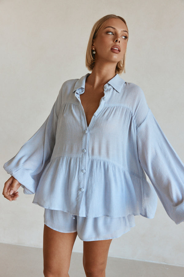 Baby Blue Long Sleeve Button Up Panel Huxley Top