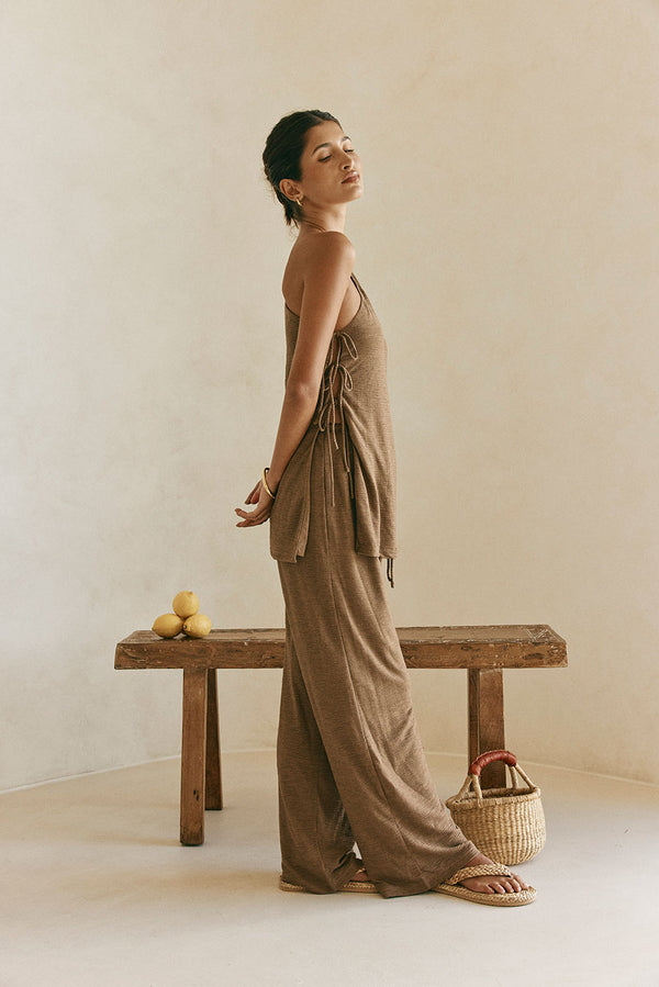 Chocolate Brown High Waist Elastic Drawstring Zen Pants