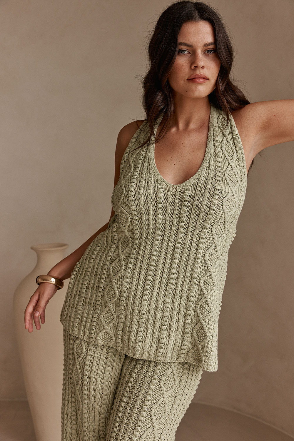 Green Cotton Knit Halter Azari Top