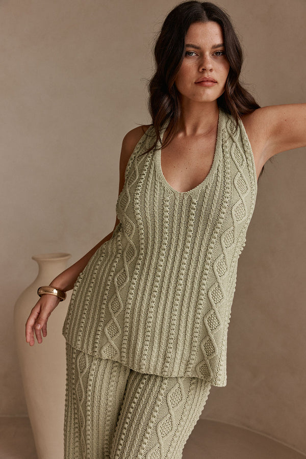 Green Cotton Knit Halter Azari Top