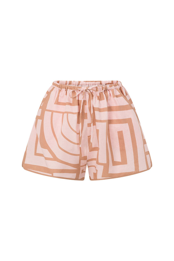 Pink Hellenic Maze Elastic Drawstring Pocket Kira Shorts