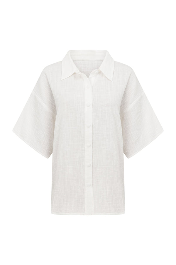 White Cotton Short Sleeve Button Up Inara Top