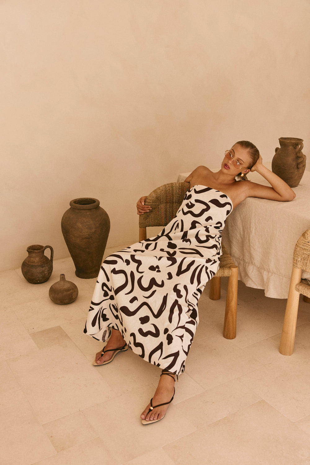 Cream Floral Fleur Lines Print Strapless Noah Dress