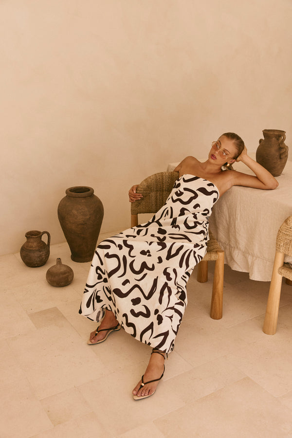 Cream Floral Fleur Lines Print Strapless Noah Dress