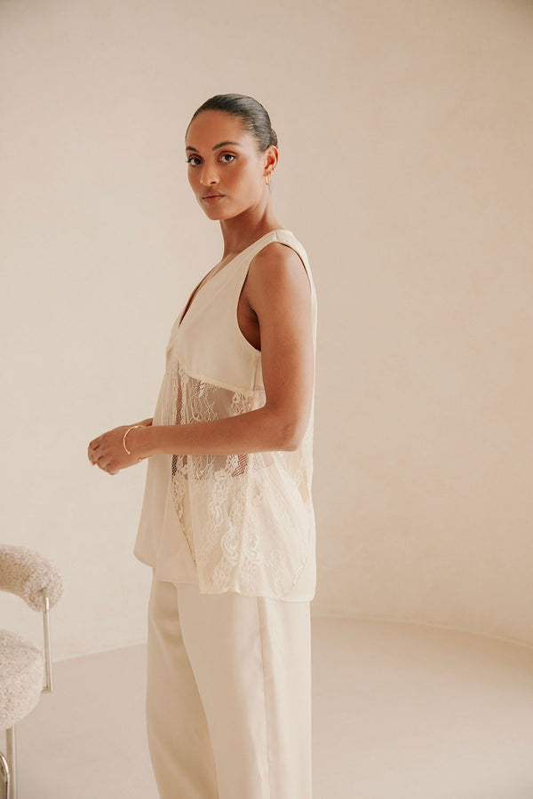 Maarten V Neckline Lace Top - Cream