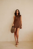 Chocolate Brown Silk Asymmetrical Mini Genoa Dress