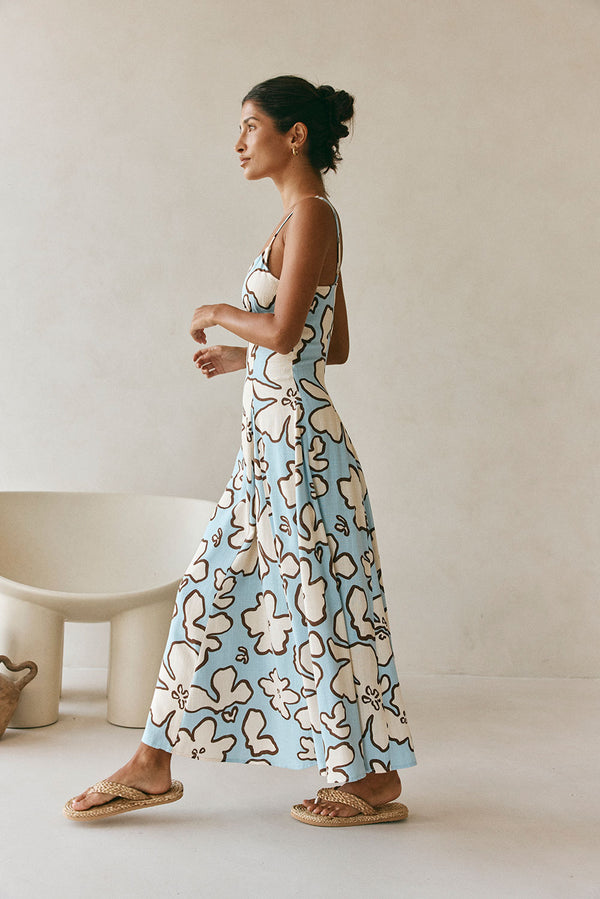 Blue Floral Adjustable Strappy Maxi Seme Dress
