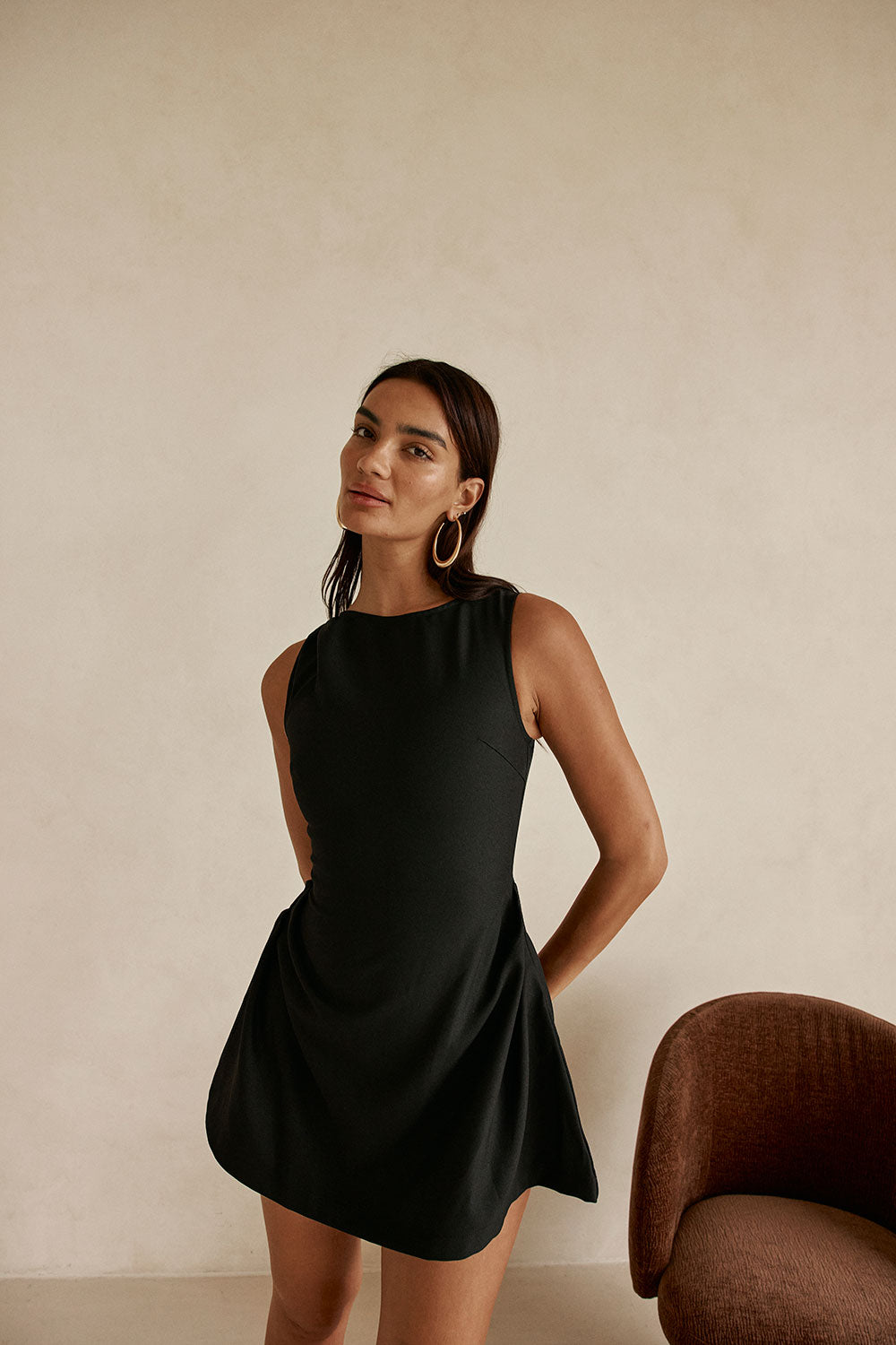 Black Suiting Pleat Mini Camellia Dress