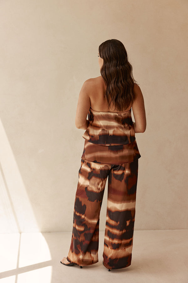 Brown Mirage Bloom Print Satin Strapless Fabi Top