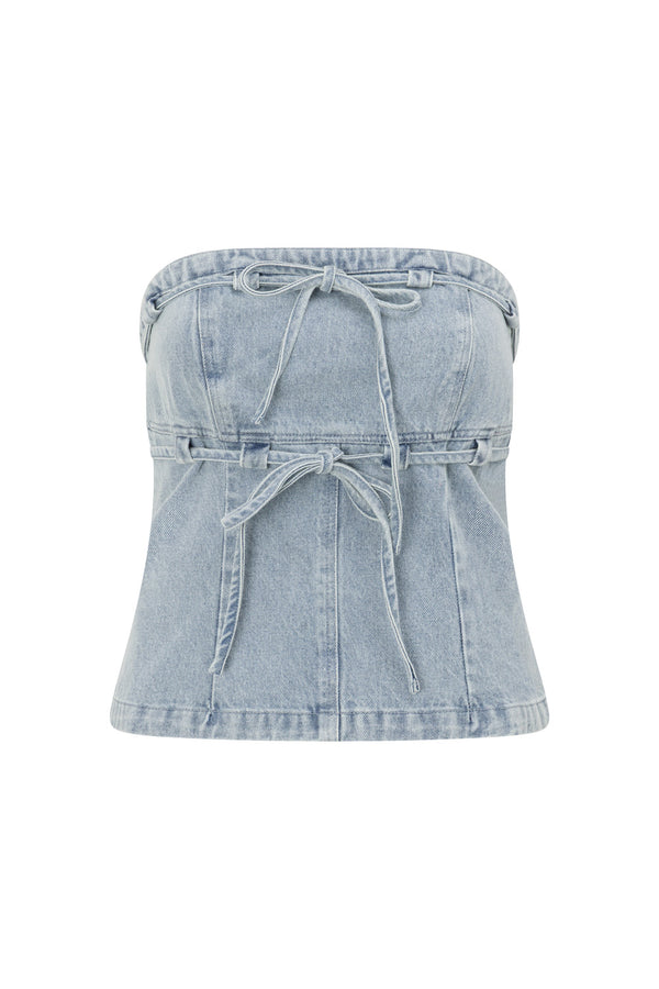 Blue Denim Strapless Tie Fiore Top