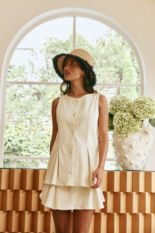 Cream High Waist Button Detail Pleated Mini Mari Skirt