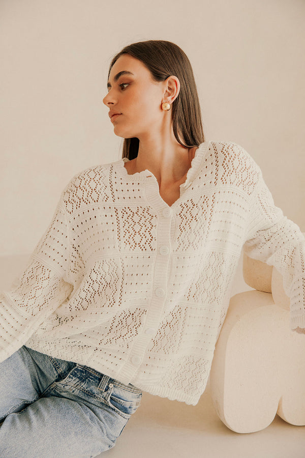 White Knit Long Sleeve Button Up Martina Top