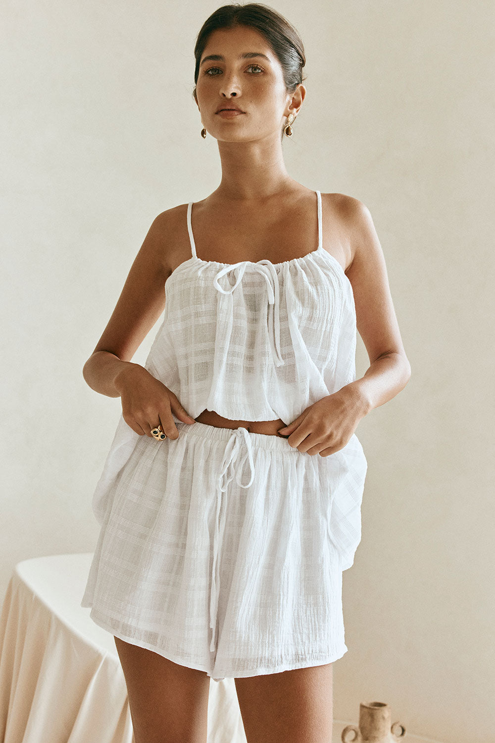 White Plaid Elastic Drawstring Jetta Shorts