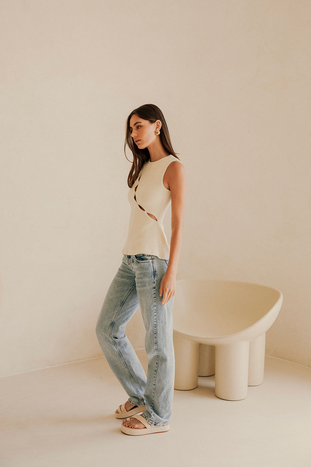 Cream Ribbed Cutout A-Line Bronte Top