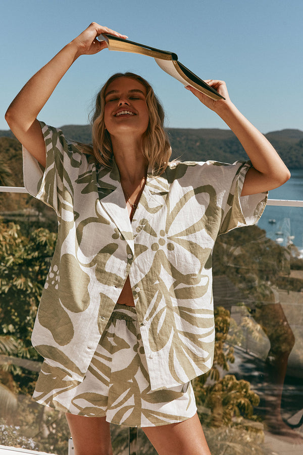 Green Paradisus Floral Print Button Up Senoa Top