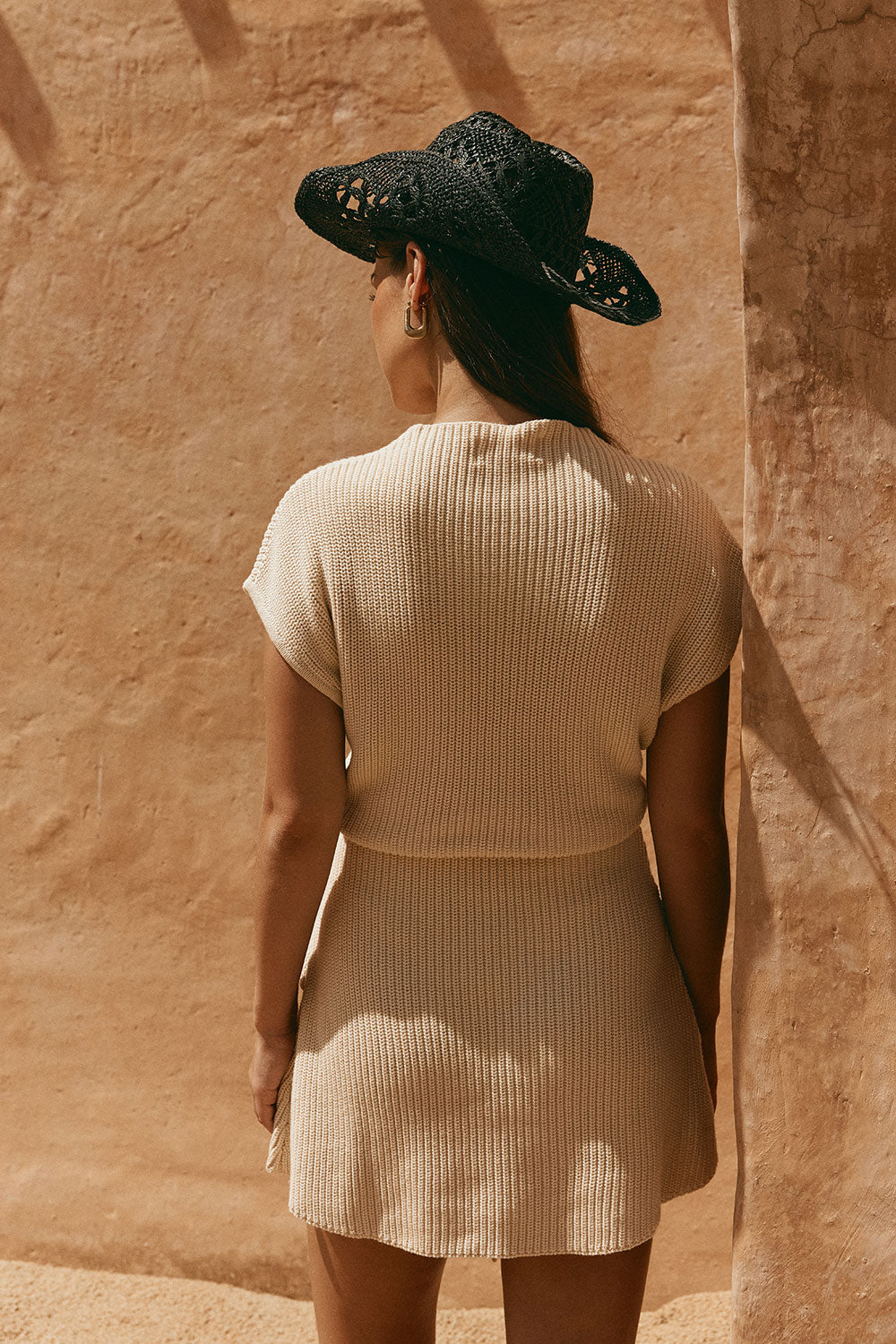 Beige Cotton Knit Draped Mini Lovina Dress