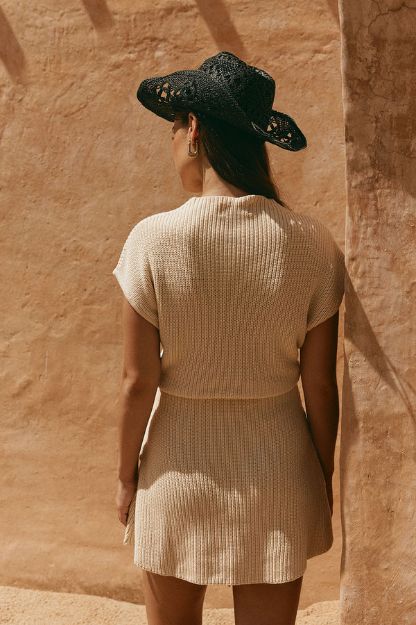 Beige Cotton Knit Draped Mini Lovina Dress