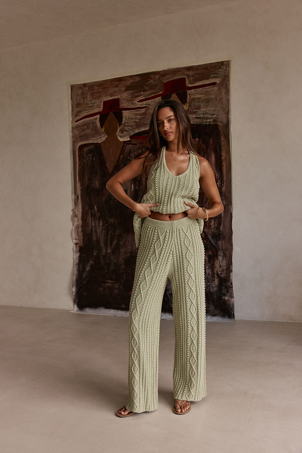 Green Cotton Knit High Waist Azari Pants